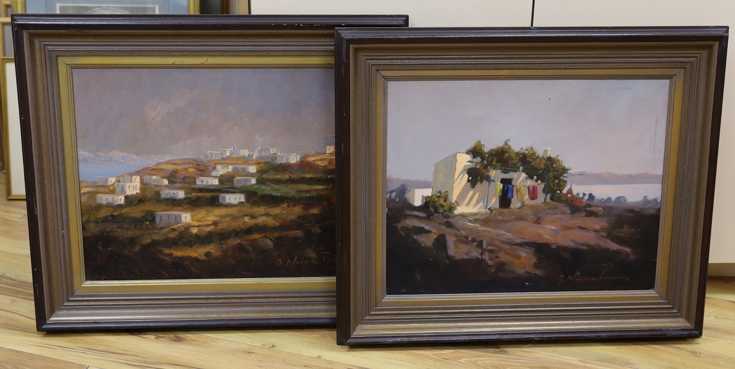 Takis Moraitis (Contemporary Greek), pair of oils on canvas, Mediterranean landscapes, signed, 39 x 49cm